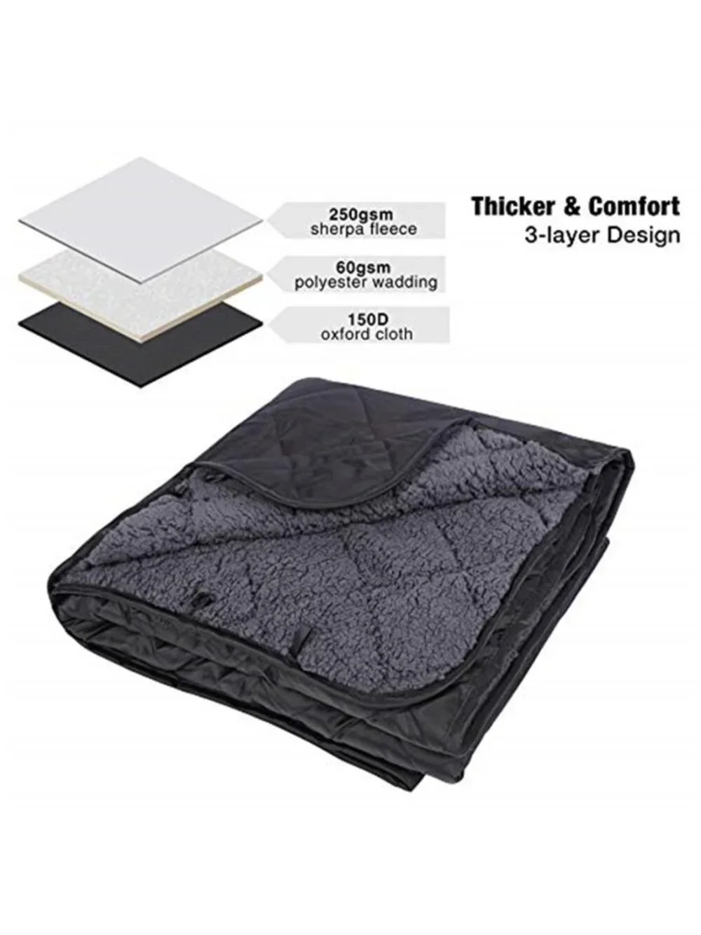 Water Resistant Outdoor Camping Blanket Sherpa Fleece Stadium Picnic 79x59 Black